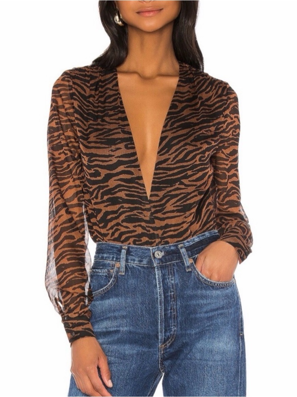 MAJORELLE Joanna Brown Zebra Mesh Bodysuit Y2K Going Out Sheer Top XS